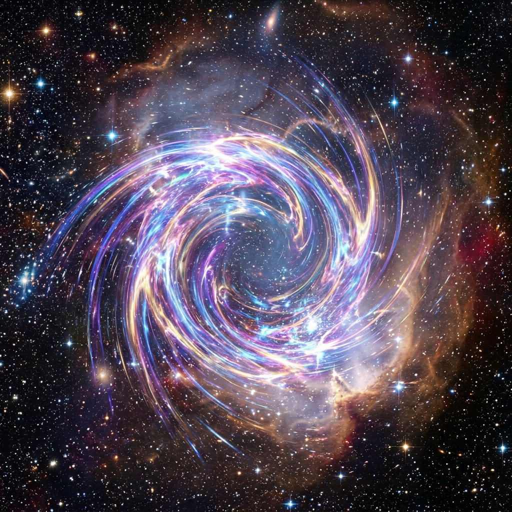 Swirling multicolored cosmic vortex surrounded by stars and nebulae