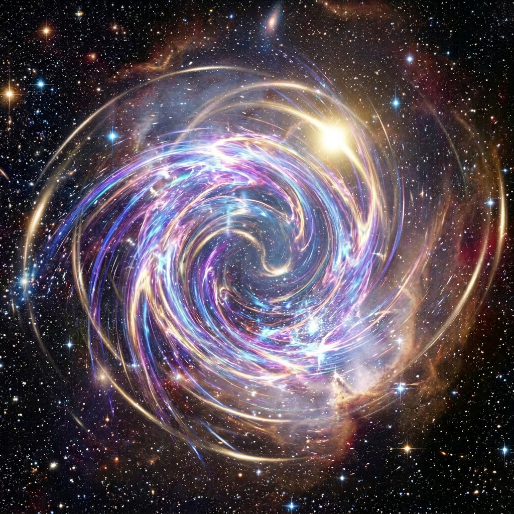 Swirling multicolored cosmic vortex surrounded by stars and nebulae