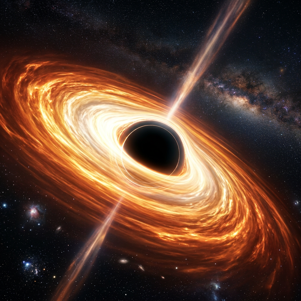 Black hole with bright swirling accretion disk and twin jets in deep space