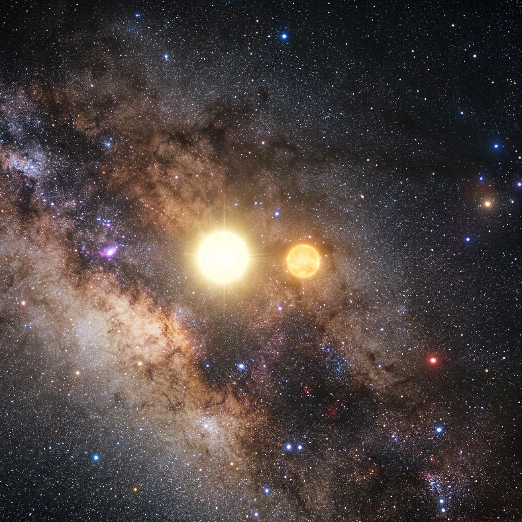 Two glowing stars close to each other surrounded by numerous smaller stars in a dense section of the Milky Way galaxy