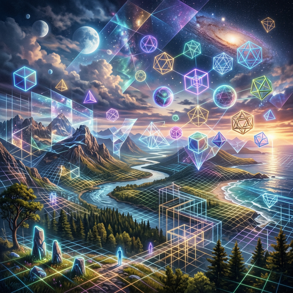 Landscape with mountains, river, forest, and glowing 3D geometric shapes floating in the sky